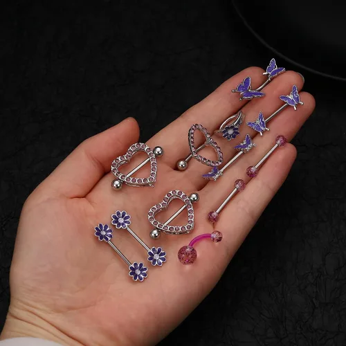 Vista 7 de ORAZIO Anillos de pezón de acero quirúrgico 14G para mujer, anillo de ombligo de mariposa, margarita, flor, pezón, barras de pezón, circonita