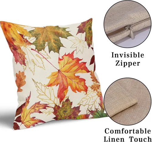 Vista 3 de Juego de 2 fundas de almohada de hojas de otoño, 18 x 18 pulgadas, juego de 2 fundas de almohada de lino y algodón cuadrado naranja claro
