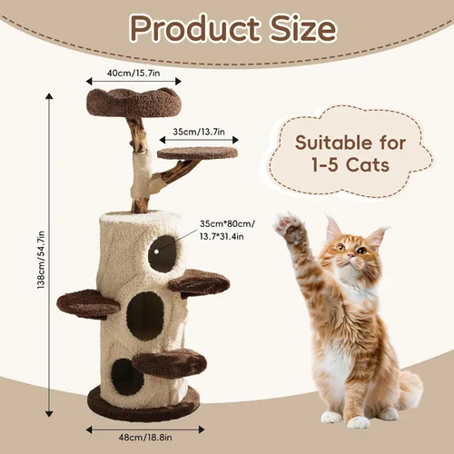 Vista 2 de RPZ Árbol para gatos de madera maciza de lujo de 54.7 pulgadas para gatos pequeños a medianos, poste rascador de madera natural con rama real