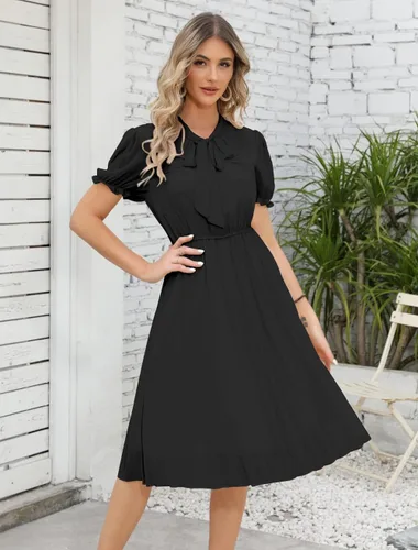 Vista 5 de HAOKEKE Vestido estampado de mujer de manga larga vestido de gasa retro marrón rejilla plisada botones abajo pajarita hada señora vestido