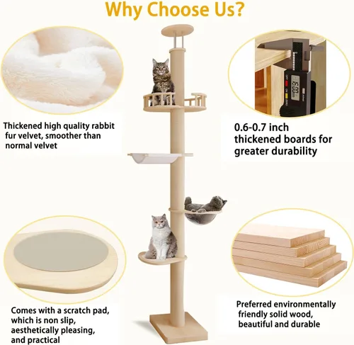 Vista 3 de Árboles para gatos de piso a techo para gatitos y gatos grandes con cuerda natural, árbol alto para gatos hasta el techo, altura ajustable de 82-112