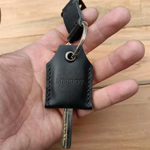 Vista 5 de handmade Keychain leather Protective Key Case Cover key fob protector Key Holder Small Home Storage Bag Key Ring Pouch (Small-black)