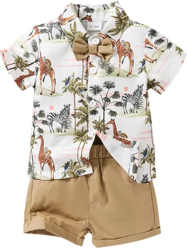 Vista 34 de JEELLIGULAR Conjunto de ropa de verano para bebé niño de manga corta con botones y pantalones cortos, trajes casuales para caballeros de 1 a 6 años