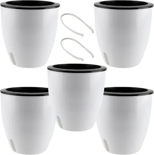 Vista 8 de Juego de 5 Macetas Autorriego de 7 Pulgadas para Plantas de Interior, Macetas Redondas Decorativas de Plástico Blanco con Indicadores de Nivel
