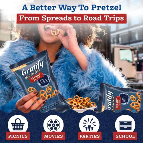 Vista 5 de Gratify Pretzel Sea Salt Twists – Patatas fritas de pretzel veganas y sin gluten, bolsas individuales, aperitivos horneados saludables al horno