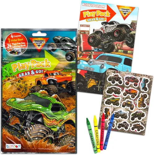 Vista 2 de Monster Jam Juego de recuerdos de fiesta: paquete con 12 paquetes de juegos de Monster Truck con páginas para colorear, calcomanías, bolsas de botín