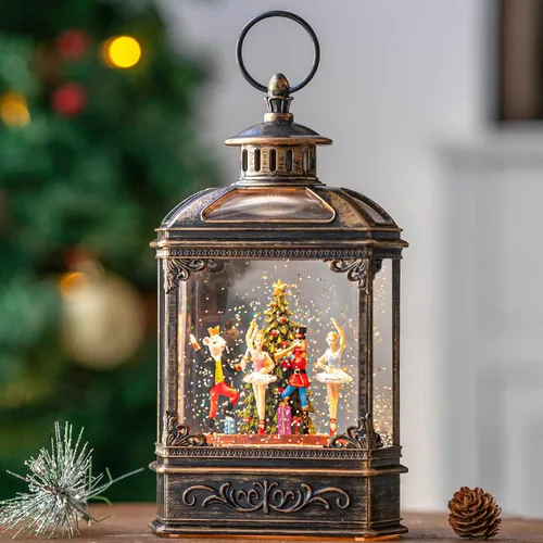 Vista 17 de Gnomos de Navidad de 10 pulgadas, linterna de globo de nieve iluminada, caprichoso árbol de Navidad y elfo escandinavo, linterna de agua musical