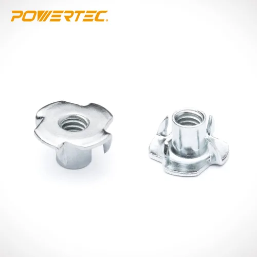 Vista 2 de POWERTEC 50 tuercas en T de 1/4"-20, 4 tuercas en T para pernos y ruedas giratorias, insertos roscados para trabajar en madera, soportes de escalada