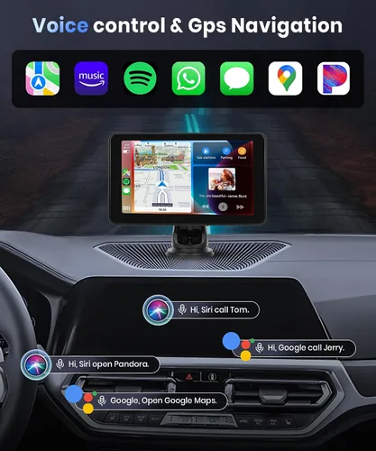 Vista 2 de Podofo Pantalla inalámbrica Carplay para coche, 7 pulgadas, 1080P HD IPS, pantalla táctil portátil para radio de coche, receptores de audio de radio