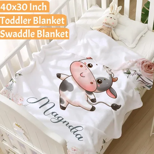 Vista 6 de Manta de bebé personalizada para niñas y niños pequeños, recién nacidos, regalos personalizados de vaca floral con nombre y texto, 40 x 30 pulgadas