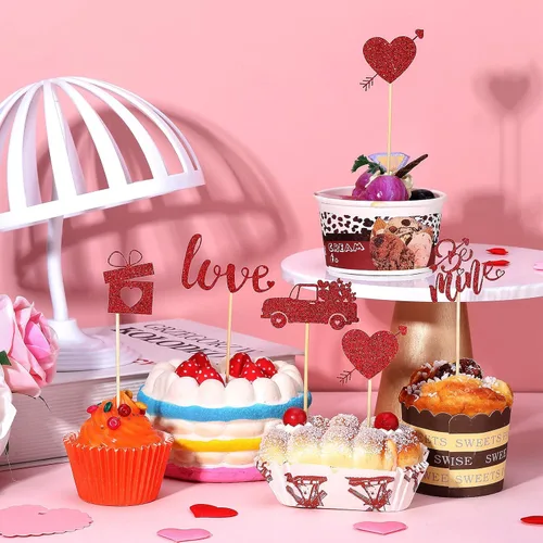 Vista 5 de Pajean 60 piezas de decoración para cupcakes para el día de San Valentín con purpurina roja y corazón de amor, beso me Lip Be Mine, caja de regalo