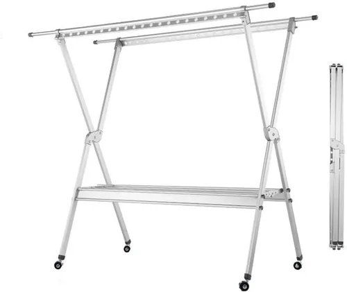 Vista 8 de UNNS Perchero plegable de acero inoxidable plegable telescópico para ropa, barra de ropa de doble barra para ropa, perchero de aleación de aluminio
