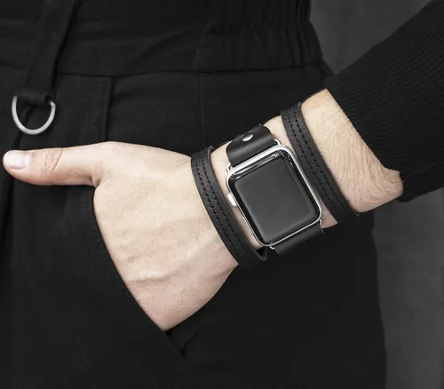Vista 2 de Correa de cuero cosida ancha compatible con Apple Watch de 1.496 in 1.575 in 1.614 in 1.654 in 1.732 in 1.772 in 1.811 in 1.929 in, hecho a mano UA