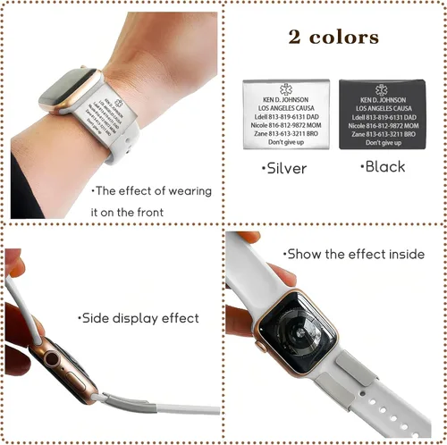 Vista 5 de Etiqueta de alerta médica para Apple Watch, etiqueta de identificación médica personalizada (M: se ajusta a la correa de 0.709-0.866 in) plata/negro