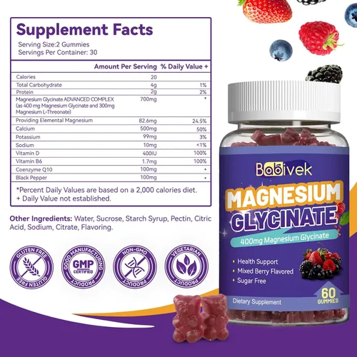 Vista 6 de Gomitas de glicinato de magnesio 700 mg, con L-treonato de magnesio 300 mg, 60 gomitas veganas, sin OMG, sin gluten y azúcar (60