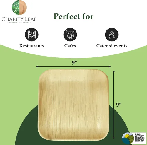 Vista 4 de Platos cuadrados desechables de hoja de palma Charity Leaf de 9" (22.86 cm) (50 piezas) Platos de servir tipo bambú, tablas desechables, vajilla