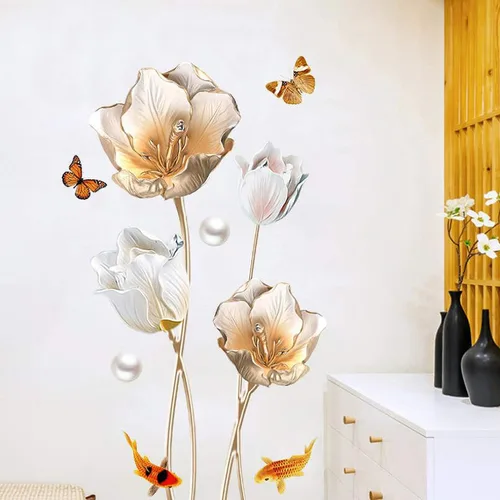 Vista 2 de Calcomanías de pared florales de flor de loto, calcomanías de pared de tulipán para sala de estar, decoración de pared extraíble para el hogar