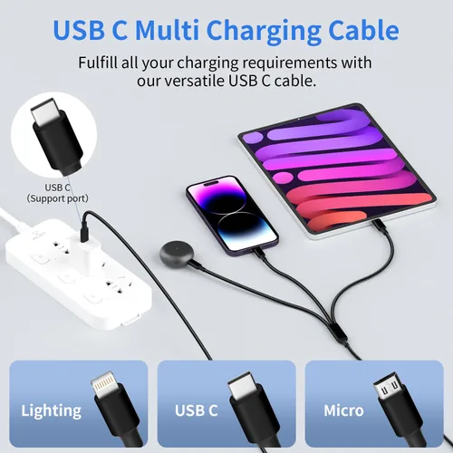 Vista 6 de Cable USB C múltiple [2 unidades, 4 pies], cable de carga 3 en 1 para múltiples dispositivos, cables de carga trenzados, cable de carga de teléfono
