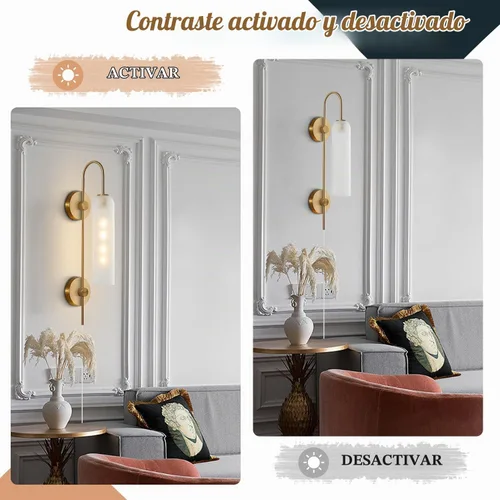 Vista 4 de BOKT Apliques de pared modernos de mediados de siglo con enchufe para interiores, largos, oro cepillado, vidrio blanco leche, apliques