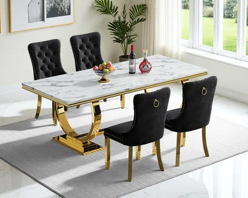 Vista 31 de Juego de mesa de comedor de mármol para 4, mesa de cocina rectangular de mármol blanco de 70 pulgadas con base en O de acero inoxidable dorado