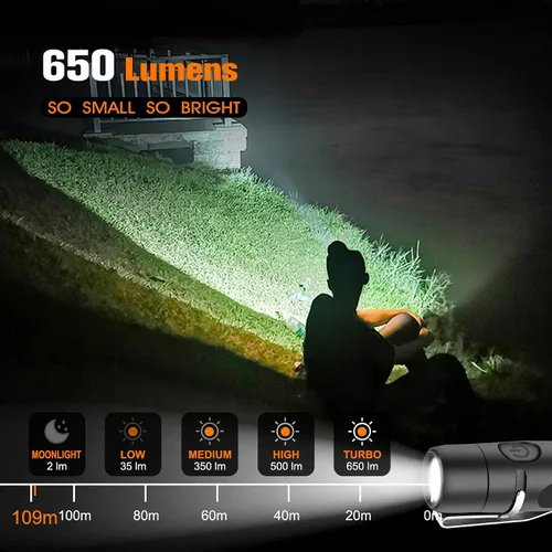 Vista 3 de Linterna recargable S15 con llavero 2 unidades, 650 lúmenes súper brillante EDC mini luz LED, luz de bolsillo portátil para emergencias, senderismo