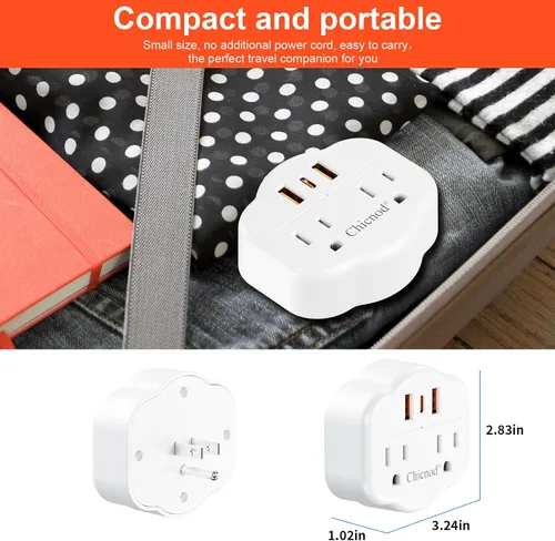 Vista 4 de Extensor de toma de pared 5 en 1 con USB y tipo C, protector de sobretensiones, 2 salidas de CA, 1050J ignífugo, certificado ETL/FCC, compacto