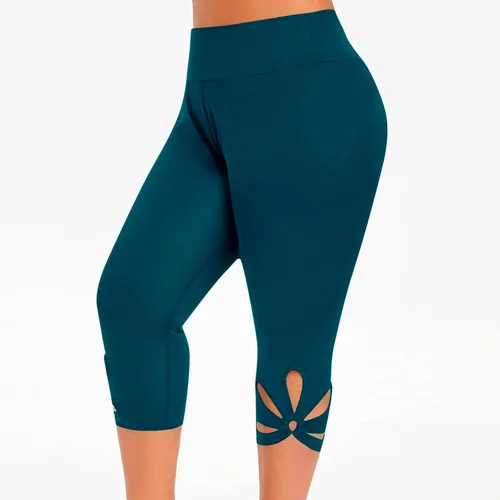 Vista 2 de Leggings capri de entrenamiento para mujer, tallas grandes, elásticos, para correr, ropa deportiva, con ribete de encaje, suaves, pantalones de yoga