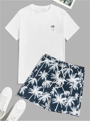 Vista 17 de GORGLITTER Conjunto de 2 piezas de camiseta gráfica de manga corta para hombre, estampado hawaiano con cordón y pantalones cortos