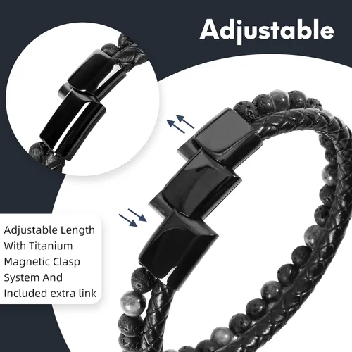 Vista 3 de Desiroman Pulseras de cuentas y cuero para hombre, con ojo de tigre, piedra de lava, para hombres y mujeres, con cierre magnético de acero