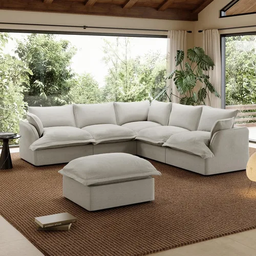 Vista 28 de Sofá modular de mezcla de lino para sala de estar, cómodo sofá modular con relleno de plumón, moderno sofá cama convertible con asiento profundo