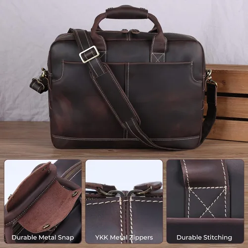 Vista 4 de Maletín de cuero genuino para hombre, maletín de cuero de grano completo de 16 pulgadas, bolsa de mensajero con cremalleras de metal YKK