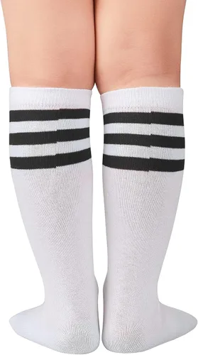 Vista 3 de Komorebi Calcetines de fútbol para niños, calcetines de tubo hasta la rodilla, calcetines de tres rayas de algodón, uniforme deportivo para niñas
