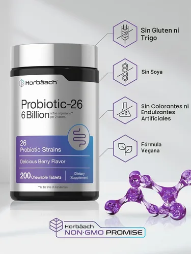 Vista 5 de Horbäach Probióticos 6 mil millones de UFC 200 tabletas masticables
