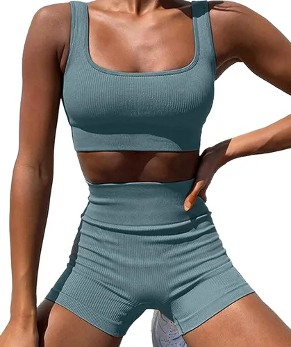 Vista 8 de fatty tiger Conjuntos de entrenamiento acanalados para mujer, 2 piezas, trajes de gimnasio, ombligueras, pantalones cortos de cintura alta