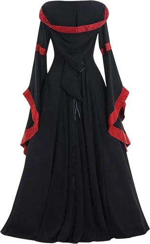 Vista 3 de MeikoHome Vestido renacentista para mujer, vestido gótico con capucha y manga acampanada, vestido victoriano medieval con cordones, disfraz