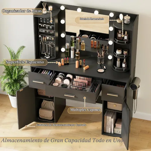 Vista 3 de EasyCom - Mesa de tocador con organizadores de joyería giratorios, tocador de maquillaje con espejo y luces, mesa de vestir con estación de carga