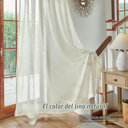 Vista 7 de DUALIFE 2 paneles de cortinas de lino transparente natural de 45 pulgadas, color beige para ventanas pequeñas, bolsillo con pestaña trasera
