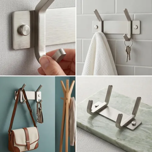 Vista 4 de Perchero pequeño de montaje en pared, de níquel cepillado, de acero inoxidable de 6 pulgadas, con 2 ganchos dobles resistentes, colgador de pared