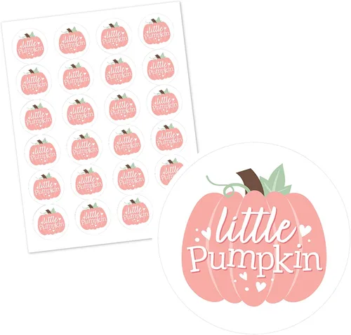Vista 2 de Big Dot of Happiness Girl Little Pumpkin - Etiquetas adhesivas circulares para fiesta de cumpleaños o baby shower, 24
