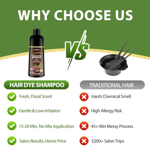 Vista 5 de Champú de tinte para el cabello marrón para una cobertura 100% de canas, champú de color de cabello 3 en 1 with Argan Oil & Ginseng, Ammonia &