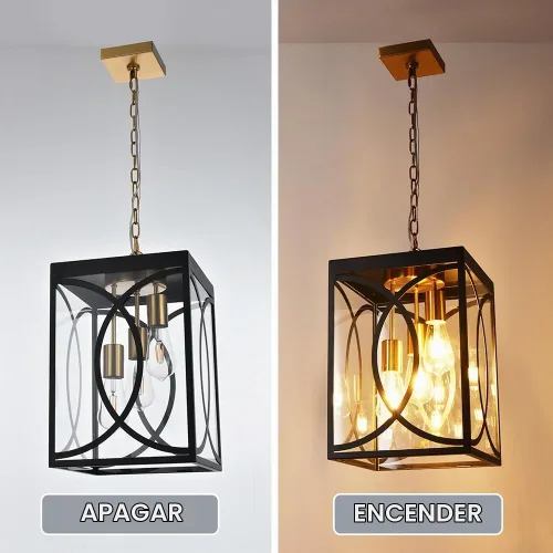Vista 3 de Lámparas colgantes para exteriores, moderna linterna colgante exterior de 3 luces, panel de cristal transparente, candelabro grande negro para Negro