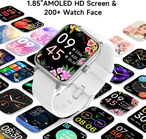 Vista 5 de Relojes inteligentes para hombres, pantalla HD de 1.85 pulgadas, compatible con iPhone/Android (responder/hacer llamadas), más de 110 modos Blanco