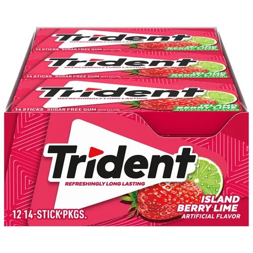 Vista 21 de 12 paquetes de 14 unidades cada uno; es decir, en total son 168 unidades de goma de mascar Trident Bubblegum sin azúcar sabor chicle. Accesorios