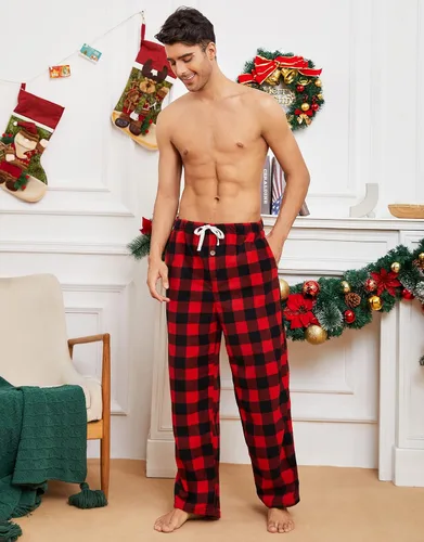 Vista 5 de U2SKIIN Pantalones de pijama de forro polar para hombre, pantalones de Buffalo Plaid-rojo