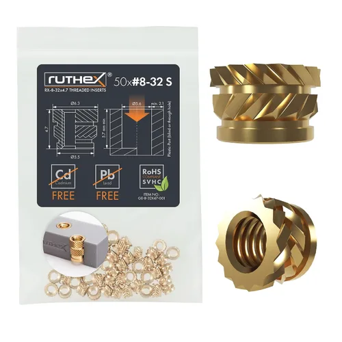 Vista 17 de Ruthex 1/4" Insertos Roscados Cortos - 20 Piezas RX-1/4“-20x6.4 Inserto de Ajuste Térmico de Latón para Partes de Plástico - Pulgadas Tuercas