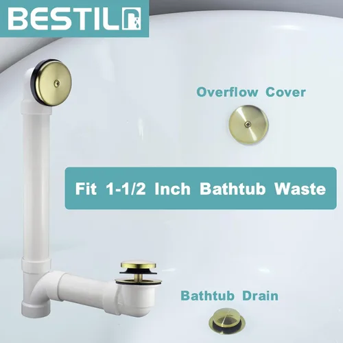 Vista 3 de BESTILL Kit de conversión de desagüe de bañera con punta de punta con placa frontal de desbordamiento, oro cepillado