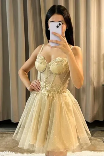 Vista 4 de Molisa Vestidos de tul brillante 2023 cortos para adolescentes con apliques de encaje corsé vestido de graduación, vestidos de fiesta de cóctel