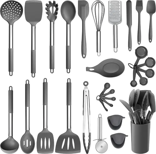 Vista 13 de E-far Juego de utensilios de cocina de silicona, 7 piezas de utensilios de cocina resistentes al calor con mango de acero inoxidable, espátula