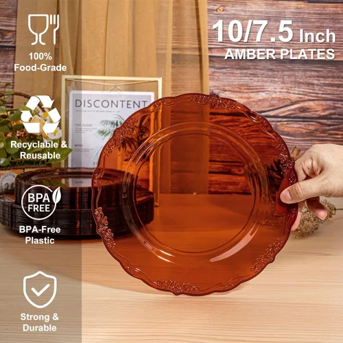 Vista 2 de U-QE 100 platos de plástico ámbar – Platos de plástico marrón transparente desechables resistentes – platos desechables para fiestas, incluyendo 50