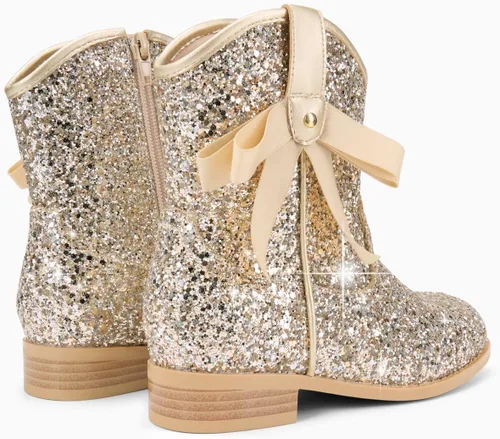 Vista 4 de Coutgo Botas vaqueras para niñas, botas de tacón bajo con purpurina, botas Dorado